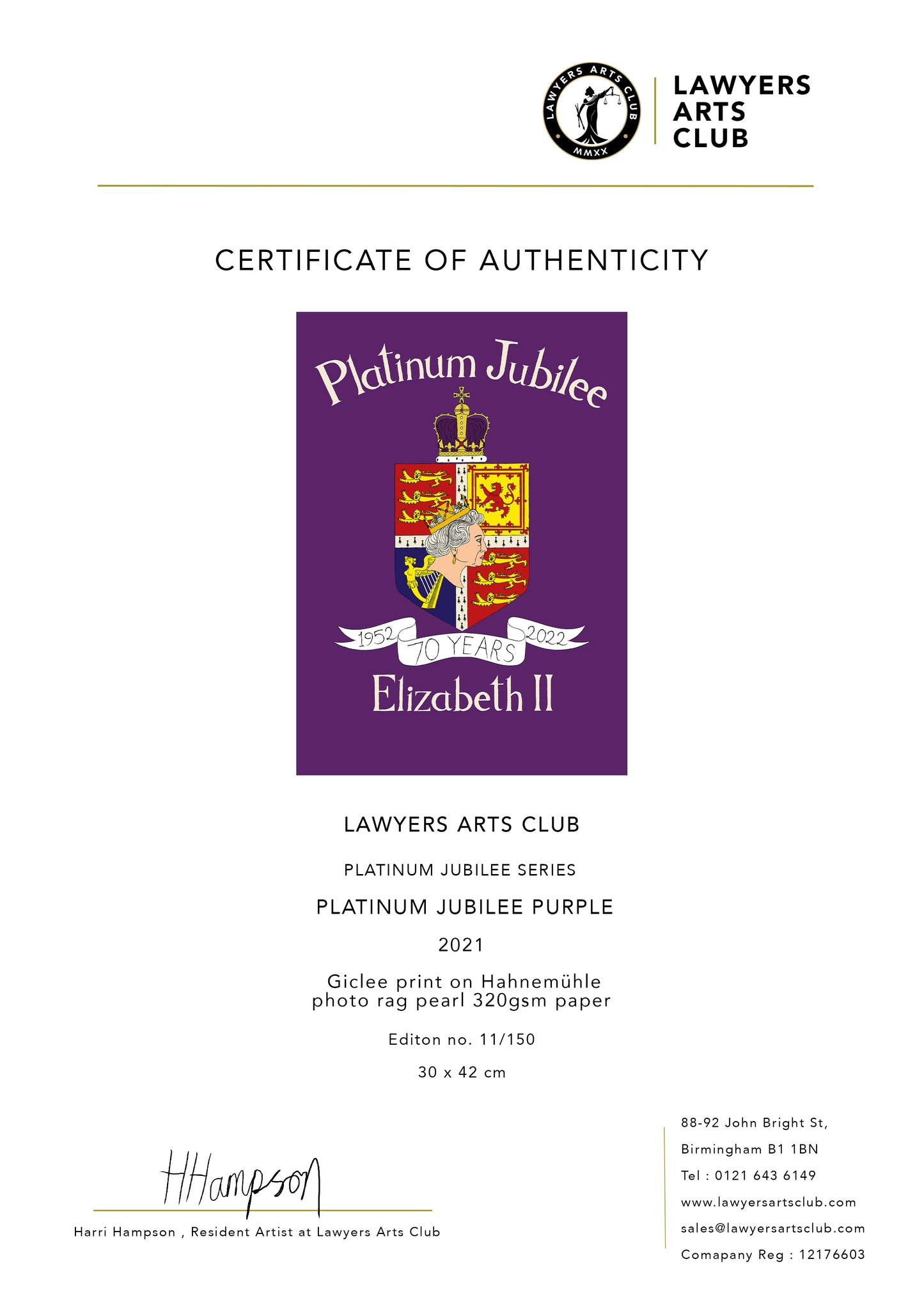 Platinum Jubilee Commemorative Artwork | Purple | Lawyers Arts Club